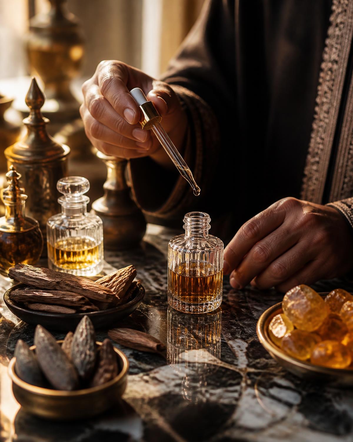 A perfumer blending oud and amber oils into a crystal bottle